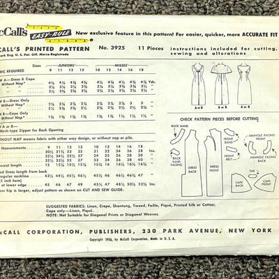 McCallâ€™s Missesâ€™ and Junior Dress No. 3925 size 13 bust 33 1956
