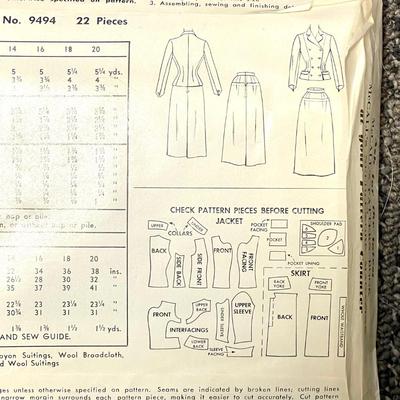 McCallâ€™s Misses Two-Piece Suit No. 9494 size 12 bust 30
