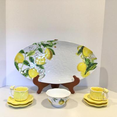 8184 MICHEL Design Works Melamine Lemon Tray & Majolica cups