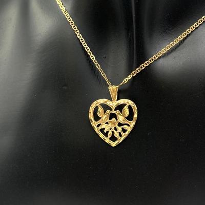 14K YG ~ Doves With Rose Heart Pendant
