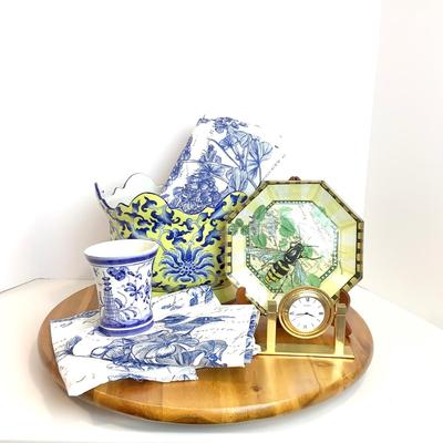 8204 Blue Yellow Pottery with MICHEL Table Linens , Seiko Desk clock