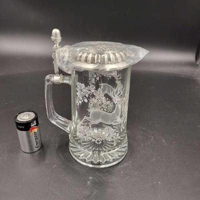 Vintage Glass Beer Stein with Lid - Forest