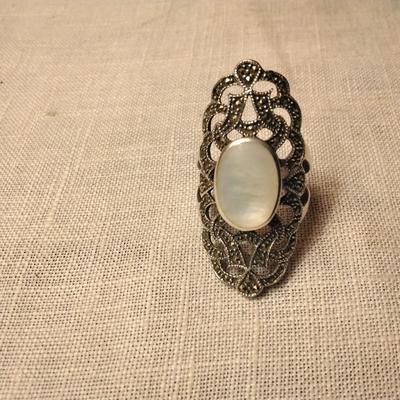 Mother of Pearl and Marcasite Sterling Silver Ring Size 8