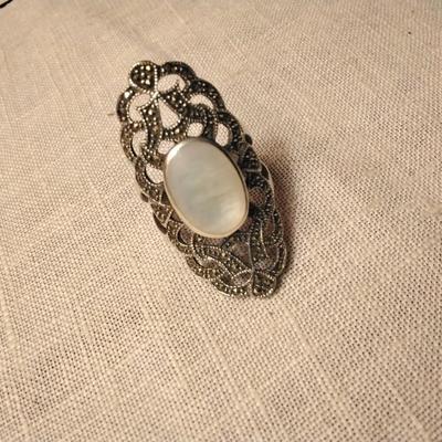 Mother of Pearl and Marcasite Sterling Silver Ring Size 8