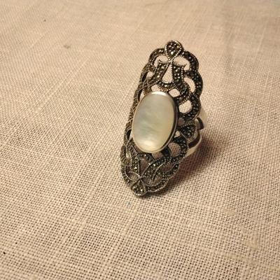 Mother of Pearl and Marcasite Sterling Silver Ring Size 8