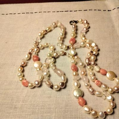40" Pearls, Rhodochrosite, Mother of Pearl, Rose Quartz Necklace With Sterling Silver Clasp