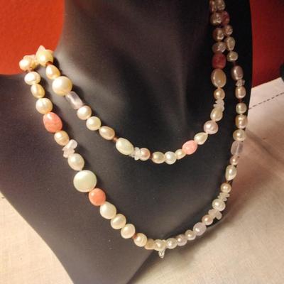 40" Pearls, Rhodochrosite, Mother of Pearl, Rose Quartz Necklace With Sterling Silver Clasp