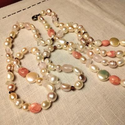 40" Pearls, Rhodochrosite, Mother of Pearl, Rose Quartz Necklace With Sterling Silver Clasp