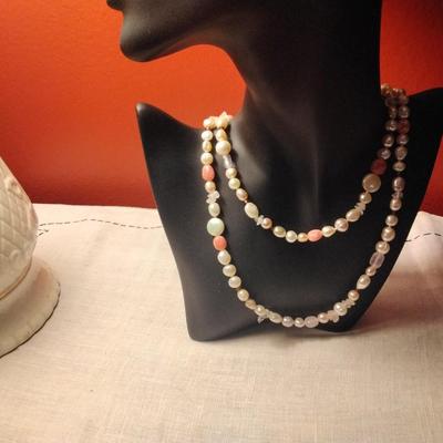 40" Pearls, Rhodochrosite, Mother of Pearl, Rose Quartz Necklace With Sterling Silver Clasp
