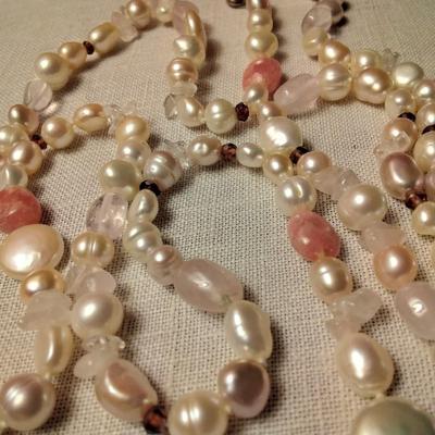 40" Pearls, Rhodochrosite, Mother of Pearl, Rose Quartz Necklace With Sterling Silver Clasp