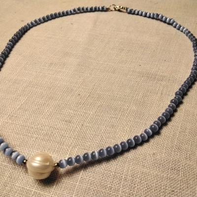 16" Blue Cats Eye With Baroque Pearl