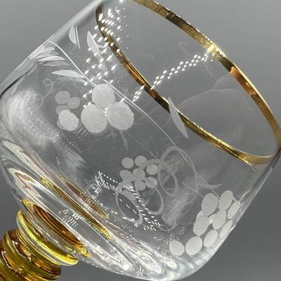 Set of Vintage Etched Grapevine Design Gold Rim Amber Glass Vino Wine Drinking Goblet Glasses