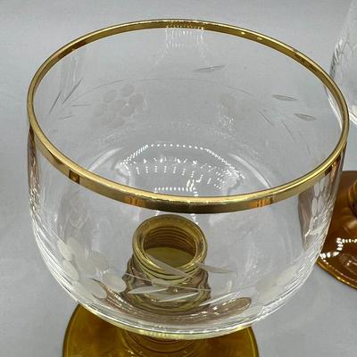 Set of Vintage Etched Grapevine Design Gold Rim Amber Glass Vino Wine Drinking Goblet Glasses