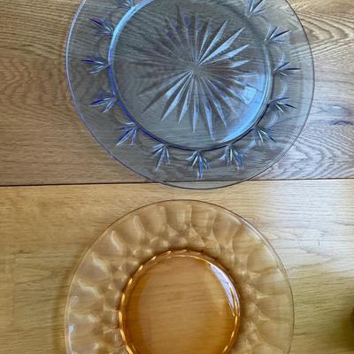 Egg platters, colored glass & ceramic basket