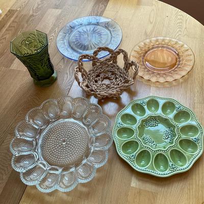 Egg platters, colored glass & ceramic basket