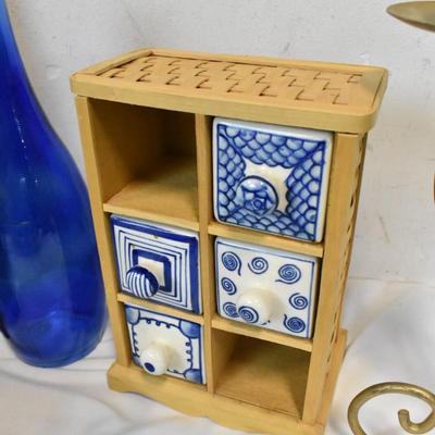 9 pc Home Decor, Glass Bottle, Wooden Chest, Candle Holder