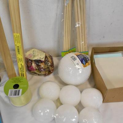Assorted Craft Supplies, Sign Stakes, Foam Balls, Paper, Dowels