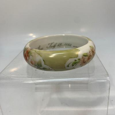 Vintage Hand Painted Floral Pattern Porcelain Bangle Bracelet Inscribed & Dated