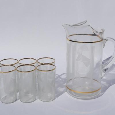 MCM Horse Motif Pitcher and Glasses with Gold Rims
