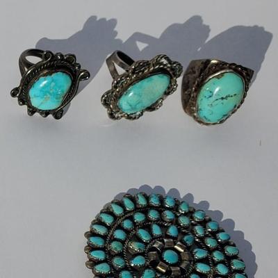 Lot of Vintage Turquoise Rings and Pin