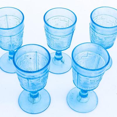 Set of 5 Antique Child's Play Blue Glass Goblets circa 1920s-1930s