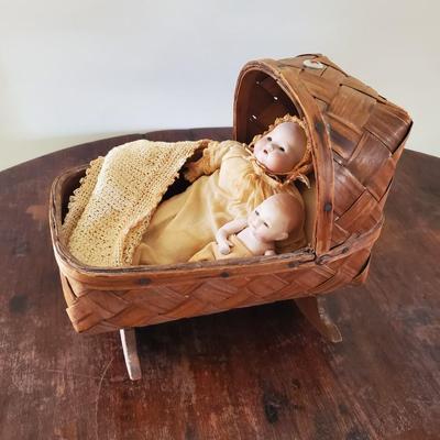2 Antique Bye-Lo Baby Dolls in Rocking Cradle with Original Bedding & Clothing