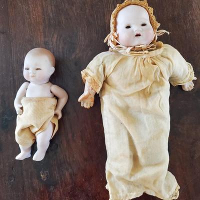 2 Antique Bye-Lo Baby Dolls in Rocking Cradle with Original Bedding & Clothing