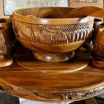 Vintage Carved Punch Bowl Set from the Phillipines
