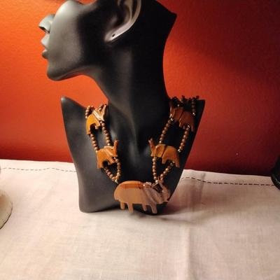 Stunning 24" Wooden Elephant Necklace With Wooden Beads