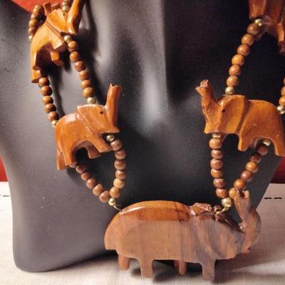 Stunning 24" Wooden Elephant Necklace With Wooden Beads