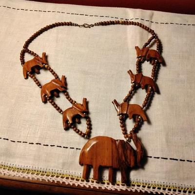 Stunning 24" Wooden Elephant Necklace With Wooden Beads