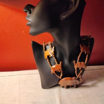 Stunning 24" Wooden Elephant Necklace With Wooden Beads