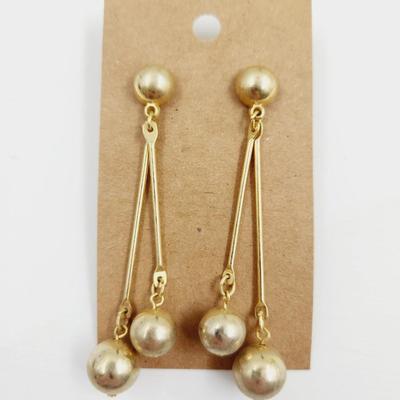 VINTAGE GOLD TONED LONG DANGLE BALL EARRINGS