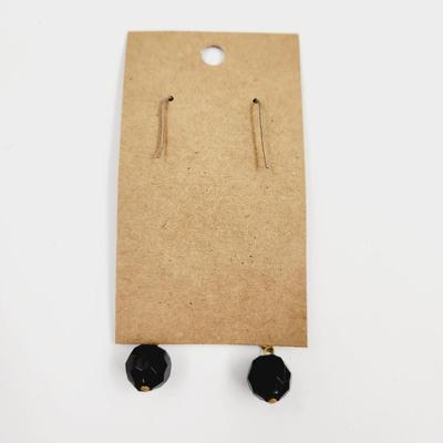 VINTAGE GOLD TONED LONG DANGLE EARRING W/ BLACK SPHERES