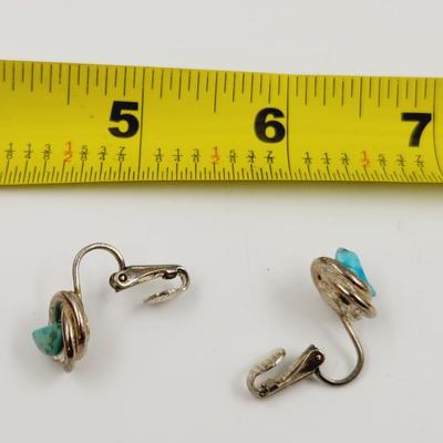 VINTAGE SILVER TONED & TURQUOISE CLIP ON EARRINGS