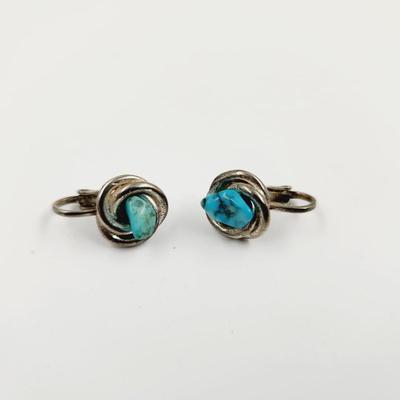 VINTAGE SILVER TONED & TURQUOISE CLIP ON EARRINGS