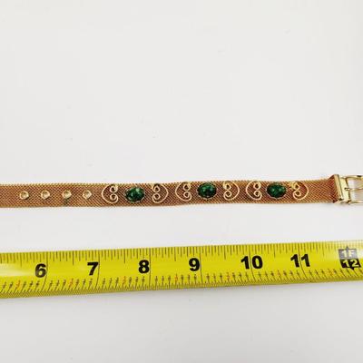 VINTAGE GOLD TONED METAL MESH BUCKLE ADJUSTABLE GREEN JADE BRACELET