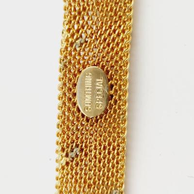 VINTAGE GOLD TONED METAL MESH BUCKLE ADJUSTABLE GREEN JADE BRACELET