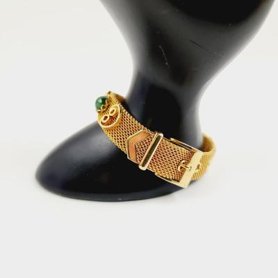 VINTAGE GOLD TONED METAL MESH BUCKLE ADJUSTABLE GREEN JADE BRACELET