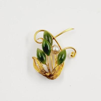 VINTAGE GOLD TONED JADE BOUQUET BROOCH