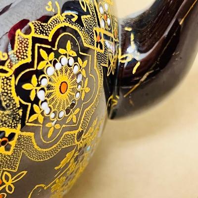 Vintage Brown Tea Pot with Handpainted Design