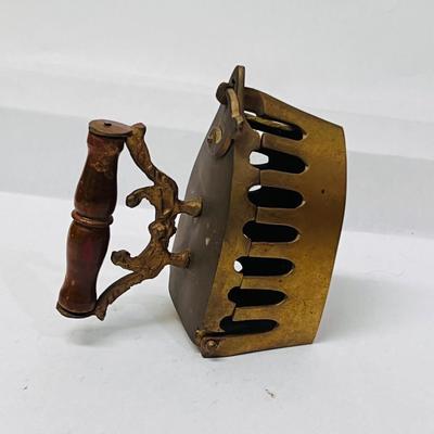 Vintage Brass Charcoal Burning Iron with Wood Handle