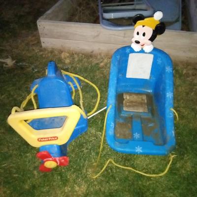FISHER PRICE TREE HUNG AIRPLANE SWING, MICKEY MOUSE SNOW SLED |  EstateSales.org