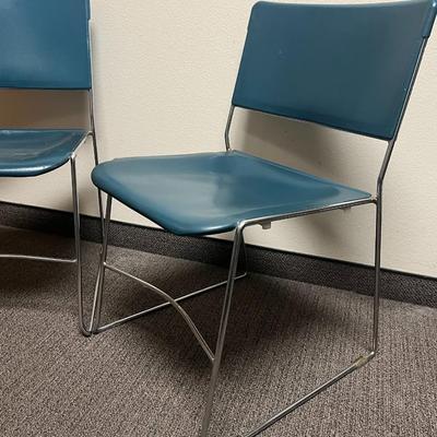 Pair of Retro Chrome Teal Plastic Stacking Office School Desk Chairs Mid-Century MCM