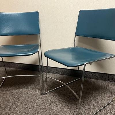 Pair of Retro Chrome Teal Plastic Stacking Office School Desk Chairs Mid-Century MCM