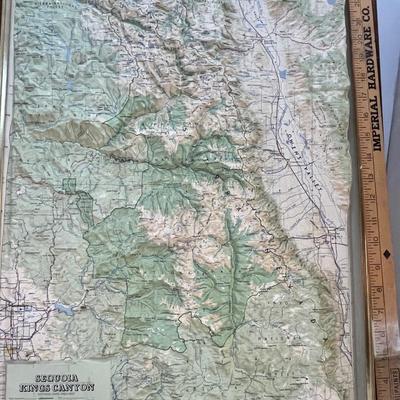 Vintage Framed 3D Relief Elevation Map Sequoia Kings Canyon National Park