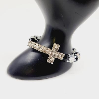 BLACK, WHITE & SILVER STRETCHY CROSS BRACELET