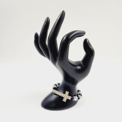 BLACK, WHITE & SILVER STRETCHY CROSS BRACELET