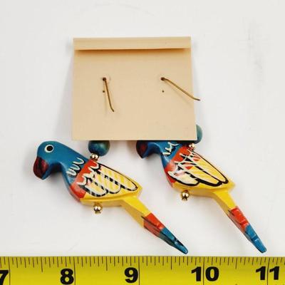 VINTAGE WOODEN HAND PAINTED PARROT EARRINGS