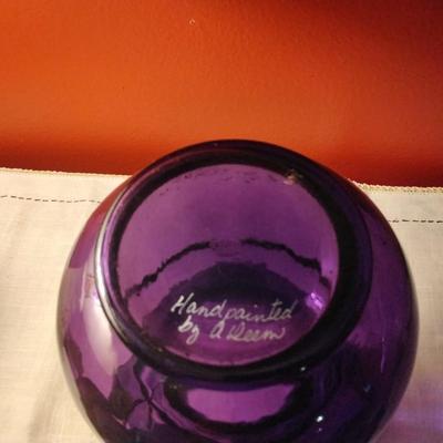 1950 Fenton Hand Painted Signed A. Deem Purple Glass Vase 9